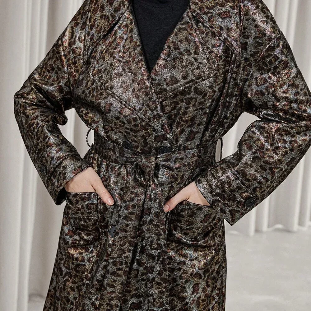 Multicolor Elegant Women's Leopard Print Faux Leather Trench coat / Jacket